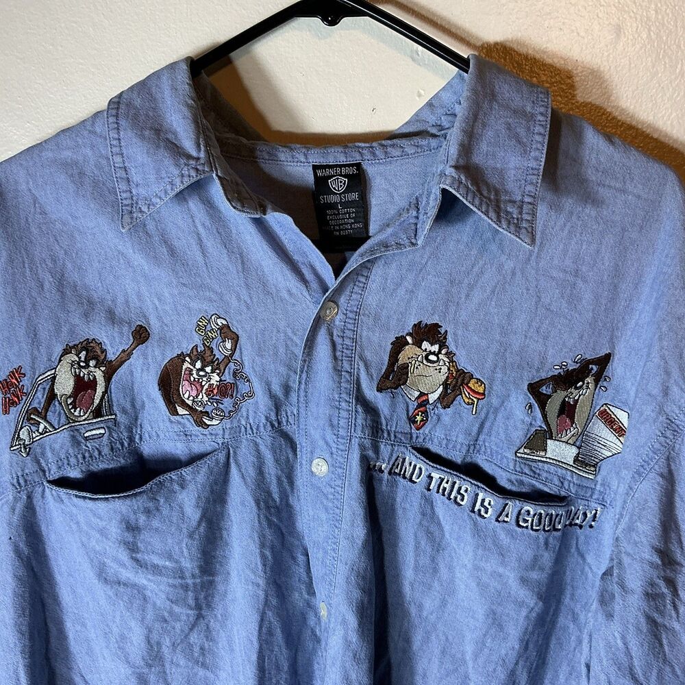 Warner Bros Denim Large Long Sleeve Blue Mens Shirt Tasmanian Devil Looney Tunes
